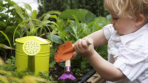 A child digging in soil with a trowel.